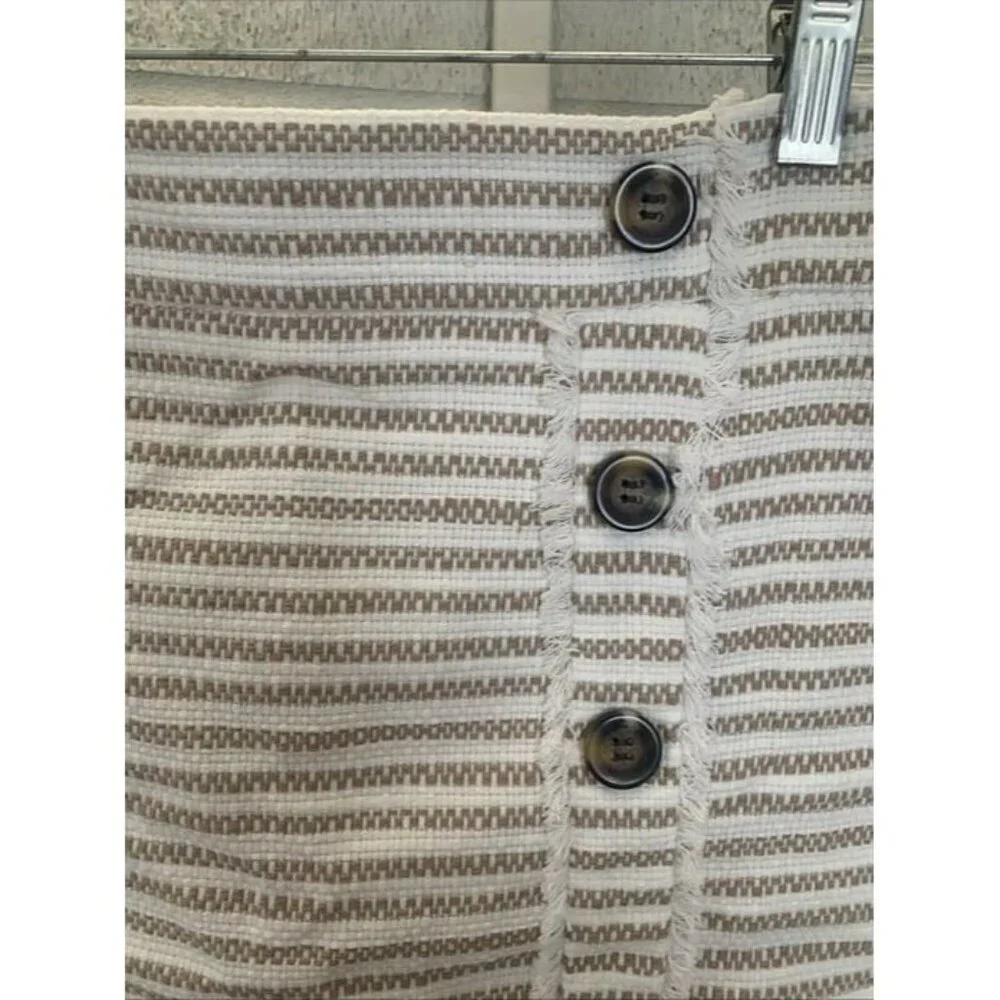 Ann Taylor Cotton Skirt Ivory Tan Stripe Tweed Sz 8 Faux Wrap Lined Fringe NWOT